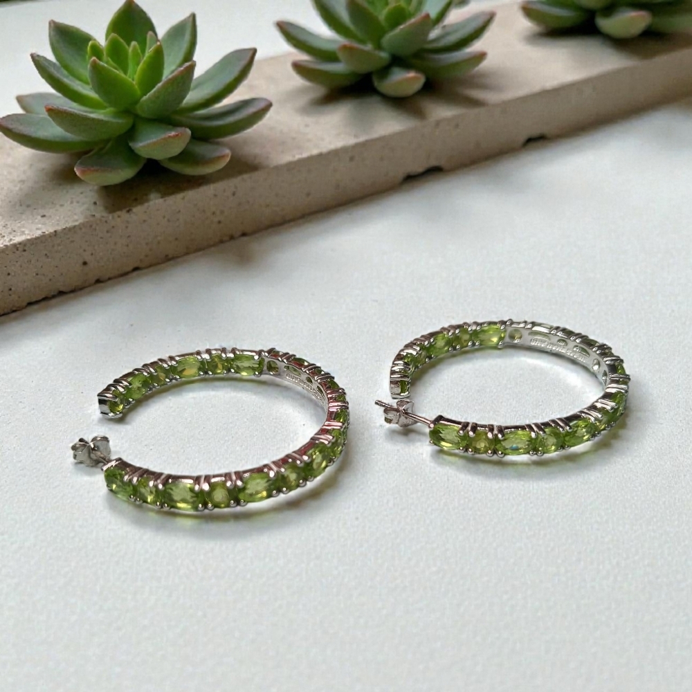 Genuine Peridot & Sterling Silver Medium Hoop Post Earrings--Brand New